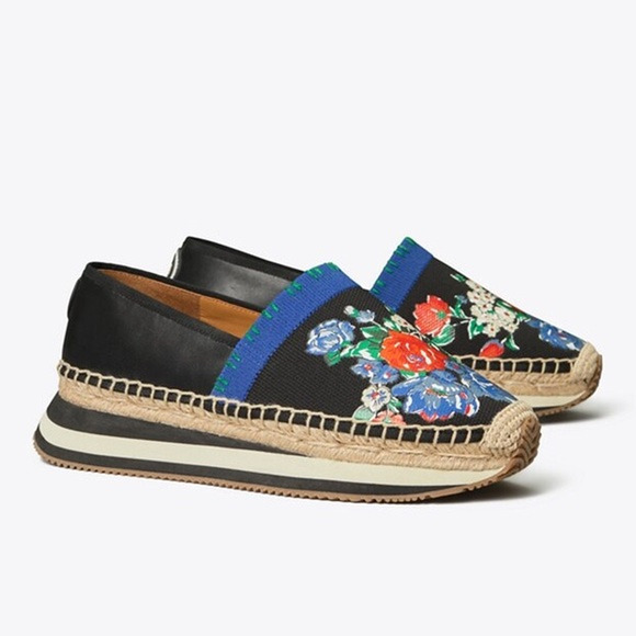 Tory Burch Daisy Slip On Espadrille Leather and Coated Canvas Navy Tea Rose 8.5 - Picture 1 of 7